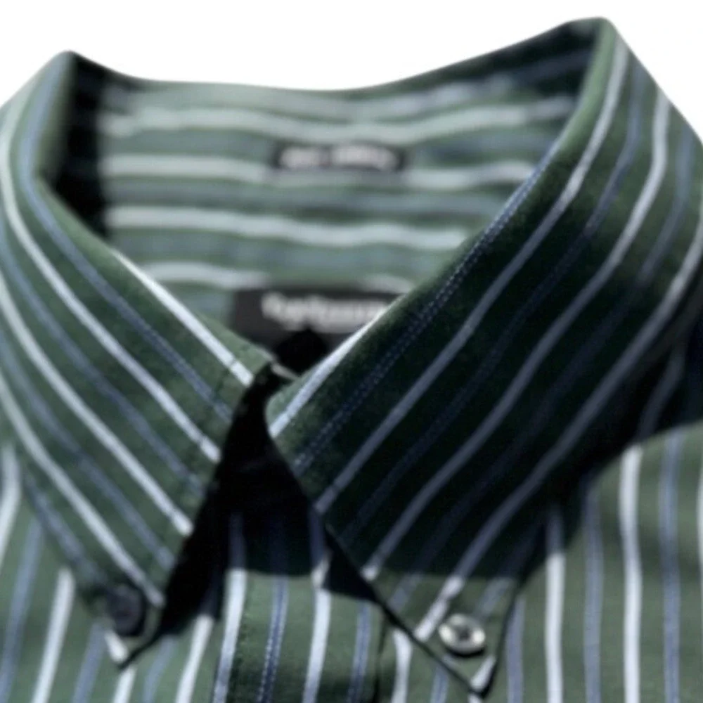 Mens Striped Button‎ Down Shirt Green White Blue Casual Long Sleeve
